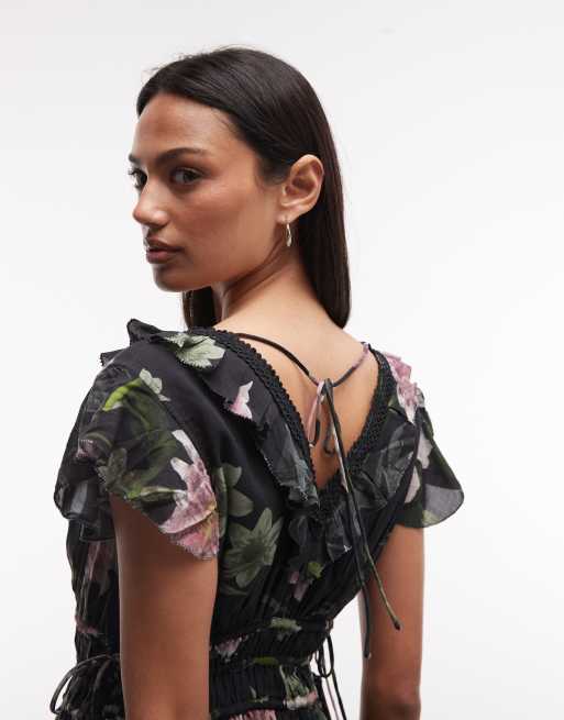 Top negro fruncido con estampado floral de encaje Canto de AllSaints (parte de un conjunto), 4 de 4