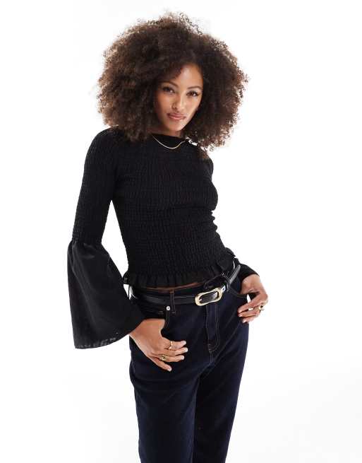 Top negro fruncido con mangas ángel de ASOS DESIGN