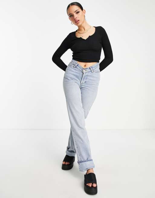 Top negro jaspeado de manga larga con muesca en el cuello de canalé de ASOS DESIGN, 3 de 4