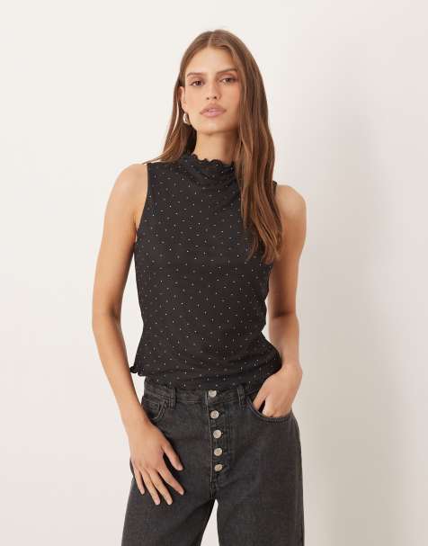 Top negro sin mangas con estampado de lunares y bajo ondulado de malla de ASOS DESIGN - view 1