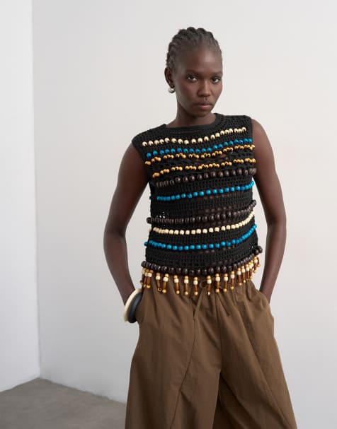 Top negro sin mangas de punto de croché con cuentas de Topshop - view 1