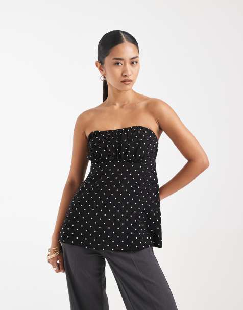 Top negro sin tirantes tipo babydoll de estilo años 2000 con estampado de lunares de Hollister - view 1