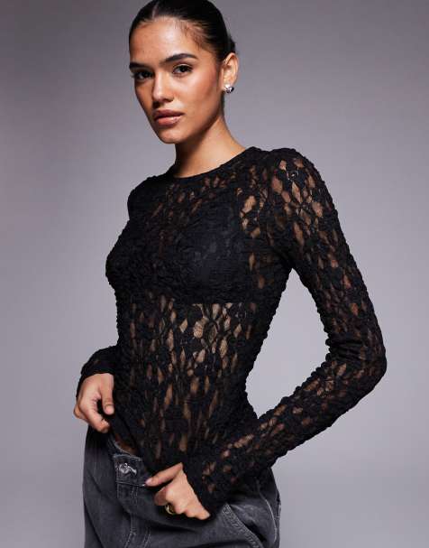 Top negro transparente de manga larga con cuello redondo de encaje de ASOS DESIGN - view 1