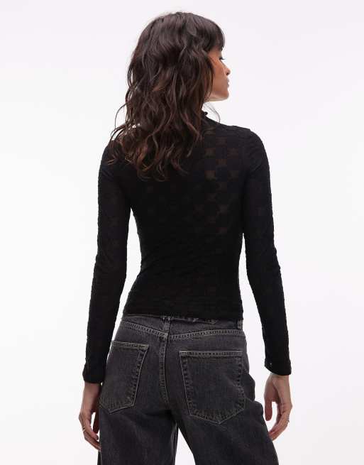 Top negro transparente de manga larga con diseño floral de encaje de ASOS DESIGN, 3 de 4