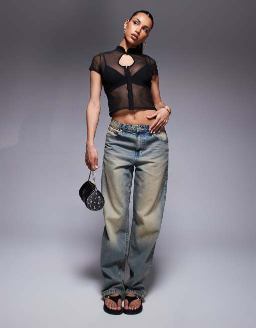 Top negro traslúcido con abertura y detalle de corchetes de malla de ASOS DESIGN, 2 de 4