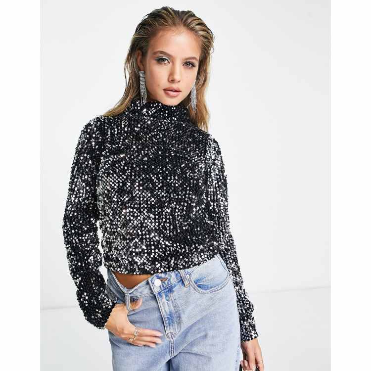Top negro y plateado de manga larga con cuello tipo polo diseño integral de lentejuelas de ASOS DESIGN ASOS