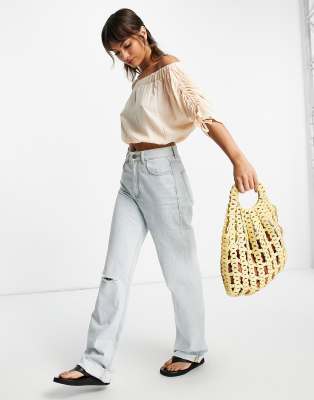 Топ персикового цвета с открытыми плечами и присборенными деталями ASOS DESIGN-Розовый цвет
