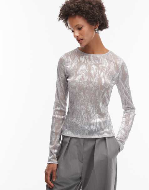 Top plateado de manga larga con estampado animal de malla transparente de ASOS DESIGN - view 1