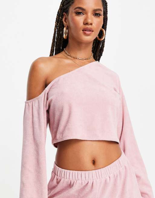 Top playero corto rosa con escote Bardot de tejido de rizo de ASOS DESIGN (parte de un conjunto), 3 de 4