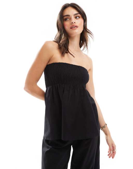 Top playero negro voluminoso con escote palabra de honor fruncido de Esmée (parte de un conjunto)