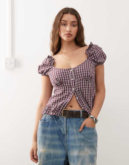 Top rojo a cuadros de estilo wéstern campero con mangas abullonadas y botones de Reclaimed Vintage