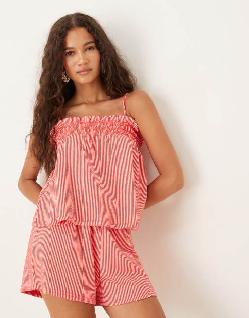 Top rojo a rayas de corte amplio y tirantes con acabado texturizado de Gina Tricot (parte de un conjunto)