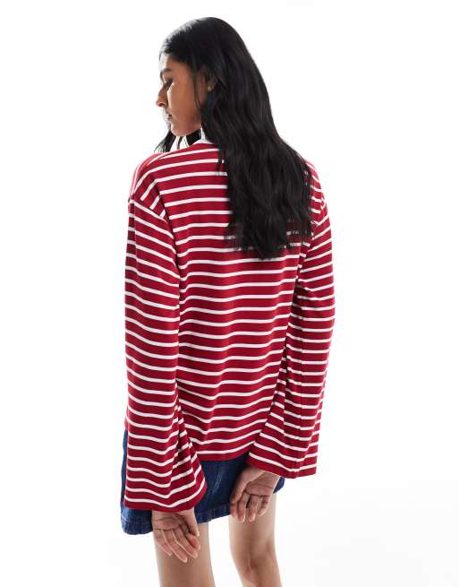 Top rojo a rayas de manga larga con ribete en contraste en el cuello de ASOS DESIGN, 4 de 4