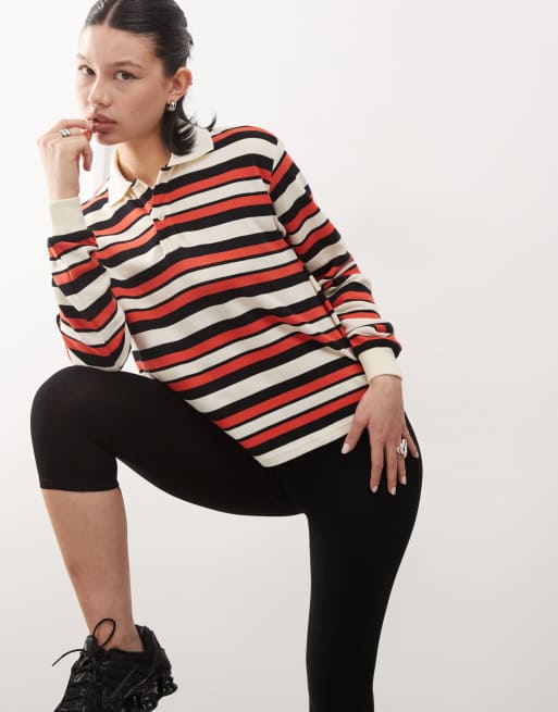 Top rojo a rayas de manga larga y estilo rugby con cuello tipo polo de solapas de Lioness