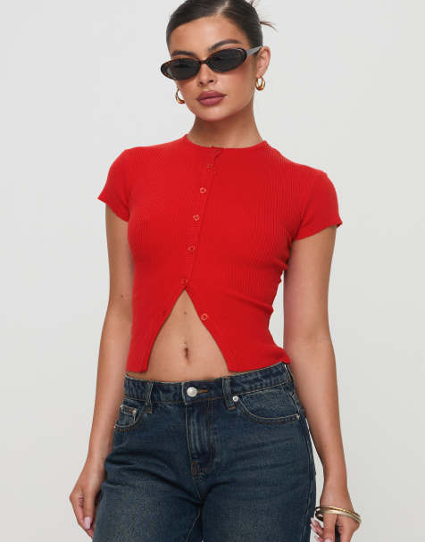 Top rojo abotonado de punto acanalado de Princess Polly - view 1