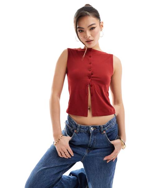 Top rojo abotonado sin mangas de ASOS DESIGN - view 1