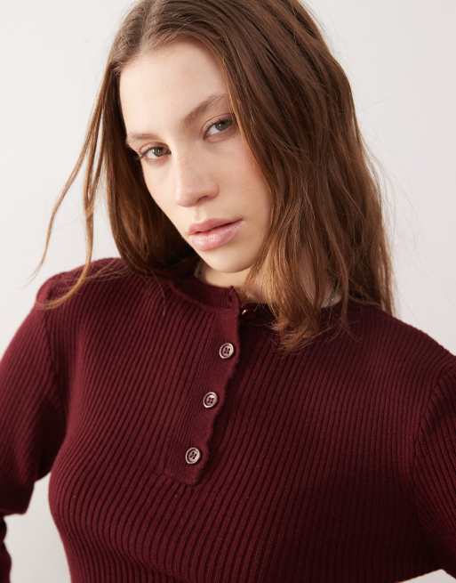 Top rojo cereza de manga larga con cuello panadero de punto acanalado de COLLUSION, 3 de 4