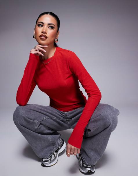 Top rojo con cuello redondo de canalé de tacto seco de ASOS DESIGN - view 1