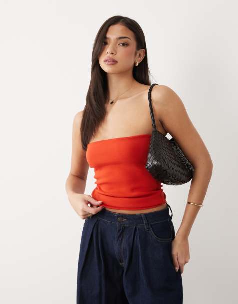 Top rojo con escote palabra de honor de tejido compacto de algodón de ASOS DESIGN - view 1