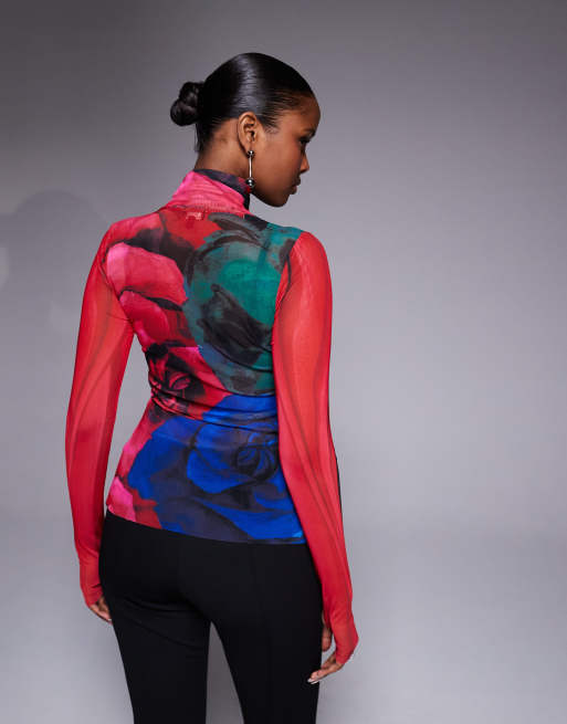 Top rojo con estampado floral difuminado y cuello alto de malla Zadie de AFRM (parte de un conjunto), 4 de 4