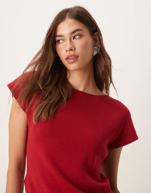 Top rojo con mangas de casquillo de punto de mezcla de algodón de Mango