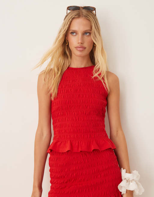 Top rojo fruncido con bajo de volantes de ASOS DESIGN (parte de un conjunto)