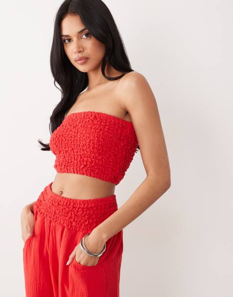 Top rojo fruncido con escote palabra de honor de bambula de ASOS DESIGN - view 1
