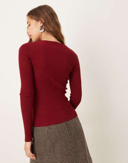 Top rojo granada de manga larga con botones de canalé de Gina Tricot, 3 de 4