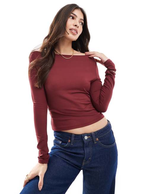 Top rojo guinda ceñido con cuello barco de ASOS DESIGN