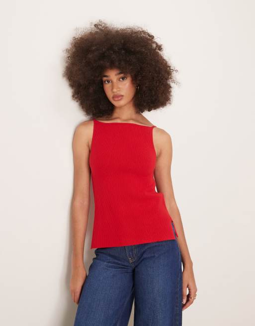 Top rojo sin mangas con cuello alto y aberturas laterales de punto de Abercrombie & Fitch