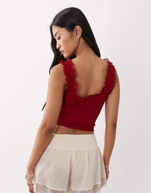 Top rojo sin mangas de canalé con detalle de encaje de Miss Selfridge, 4 de 4