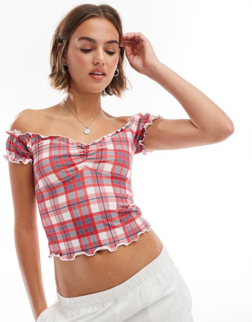 Top rojo vino a cuadros de estilo mesonera con mangas abullonadas de ASOS DESIGN