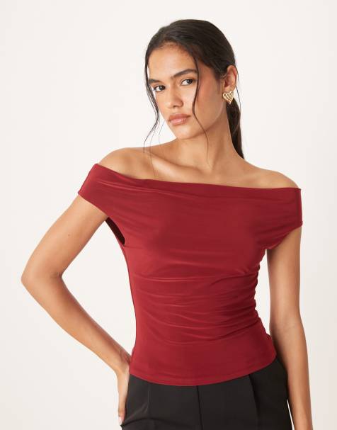 Top rojo vino ceñido con cuello desbocado drapeado de ASOS DESIGN - view 1