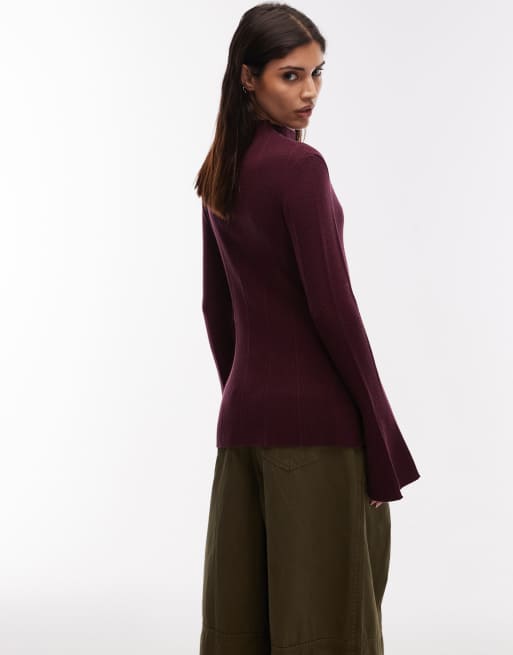 Top rojo vino con mangas acampanadas de punto fino de ASOS DESIGN, 2 de 4