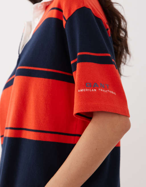 Top rojo y negro a rayas de estilo rugby con botones de GANT, 3 de 4