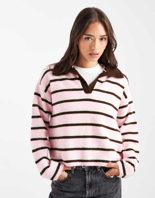 Top rosa a rayas con cuello tipo polo de punto mullido de ASOS DESIGN