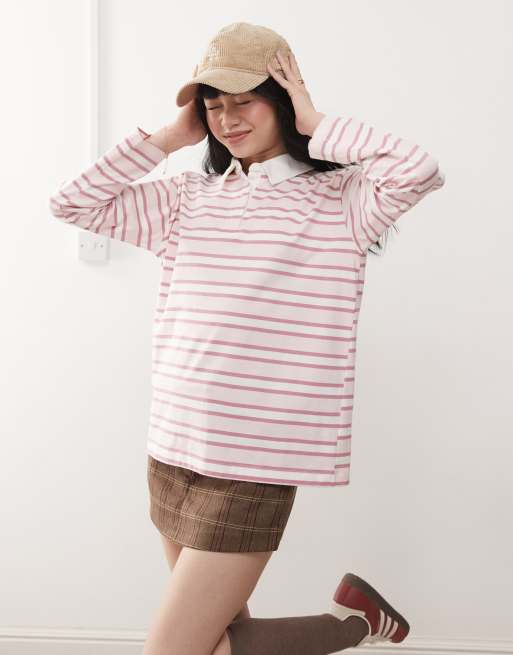 Top rosa a rayas de manga larga y estilo rugby de Miss Selfridge