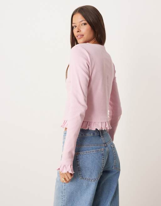 Top rosa abotonado con bajo de volante de canalé fino de ASOS DESIGN, 4 de 4