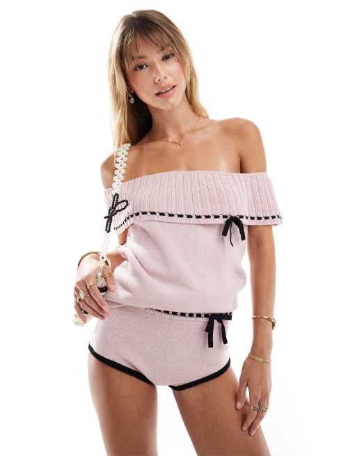 Top rosa claro con escote Bardot y detalle de lazo de punto de Mango (parte de un conjunto)