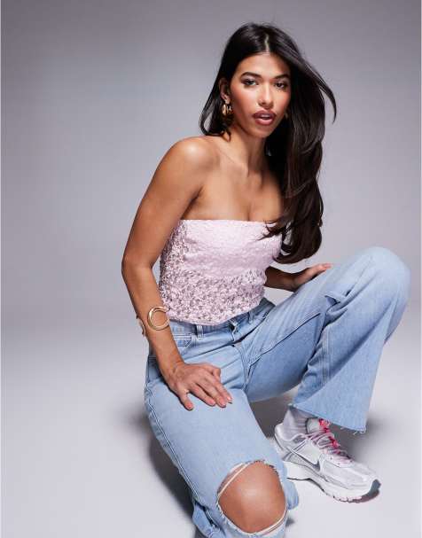 Top rosa claro con escote palabra de honor y diseño moldeador de encaje de ASOS DESIGN - view 1