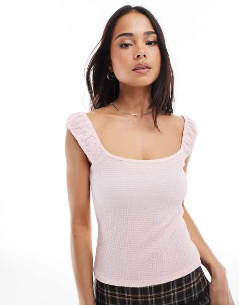 Top rosa claro con mangas fruncidas de tejido texturizado de Miss Selfridge - view 1