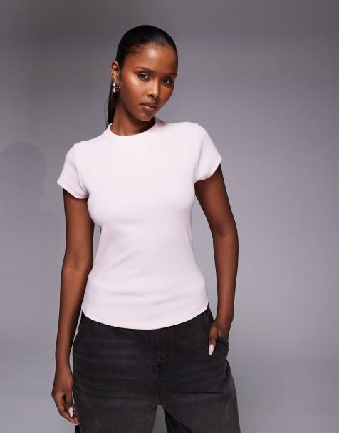 Top rosa claro de manga corta de canalé de River Island - view 1