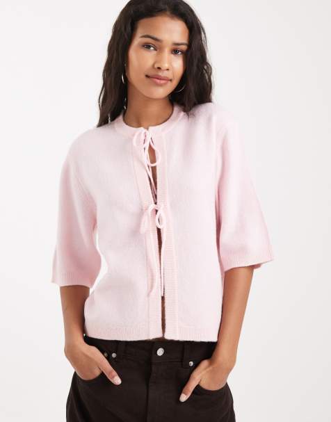 Top rosa claro de manga corta y corte cuadrado con lazada delantera de punto de ONLY - view 1