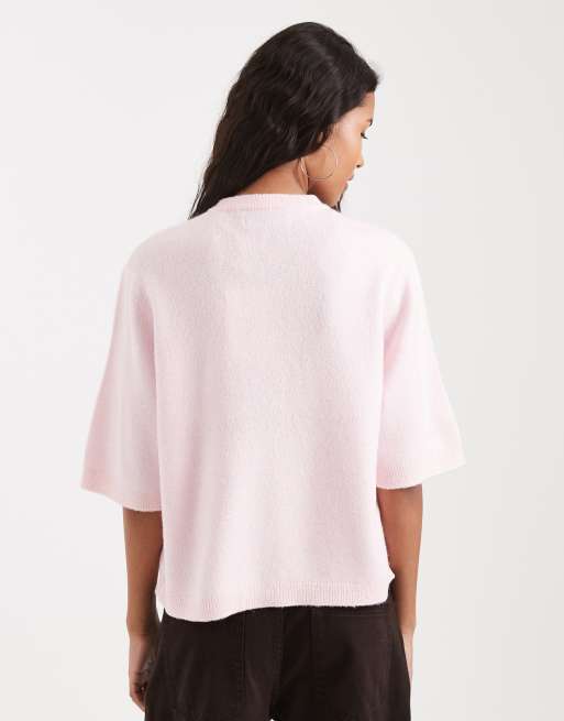 Top rosa claro de manga corta y corte cuadrado con lazada delantera de punto de ONLY, 3 de 4