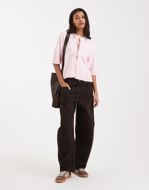 Top rosa claro de manga corta y corte cuadrado con lazada delantera de punto de ONLY, 4 de 4