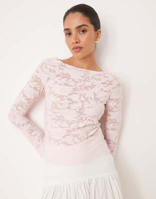 Top rosa claro de manga larga con diseño estampado y cuello redondo de tejido texturizado de Gina Tricot