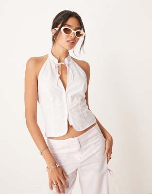 Top rosa con abertura y lazada en el cuello de mezcla de algodón de ...
