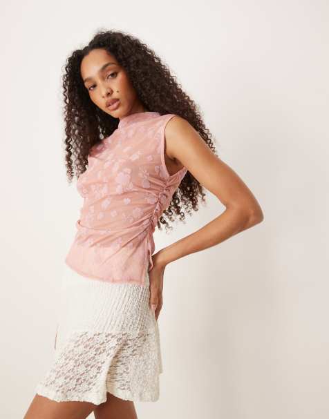Top rosa con cuello subido, patrón flocado y lateral fruncido de malla de ASOS DESIGN - view 1