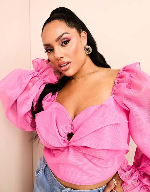 Top rosa con detalle de anilla de organza de ASOS LUXE Curve (parte de un conjunto)