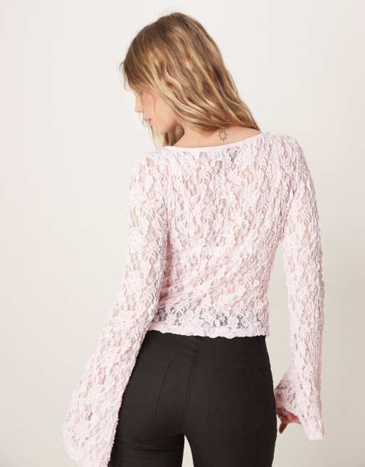Top rosa con mangas ángel y cuello barco de encaje transparente de ASOS DESIGN, 3 de 4